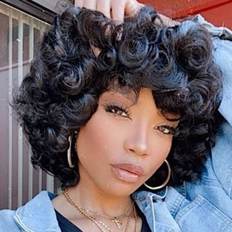 Nadula Short Bouncy Fluffy Curly Wig For Women Brazilian Human Hair Wigs With Bangs