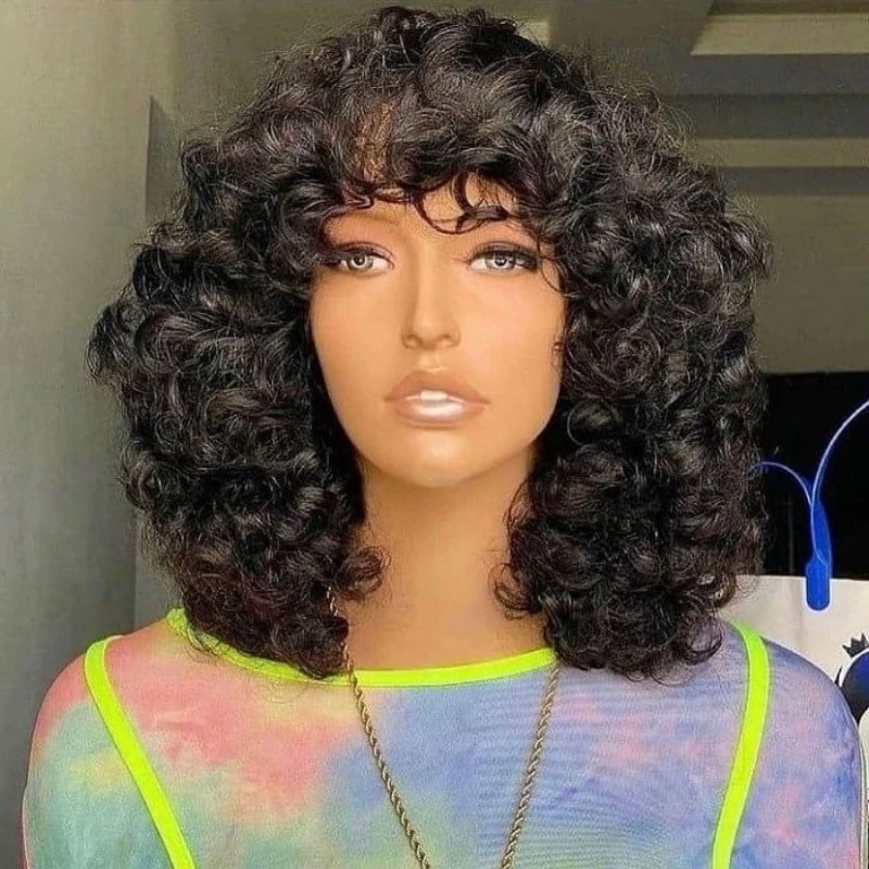 Nadula Rose Curl Fringe Wigs Natural Black Double Drawn Human Hair Wigs For Women