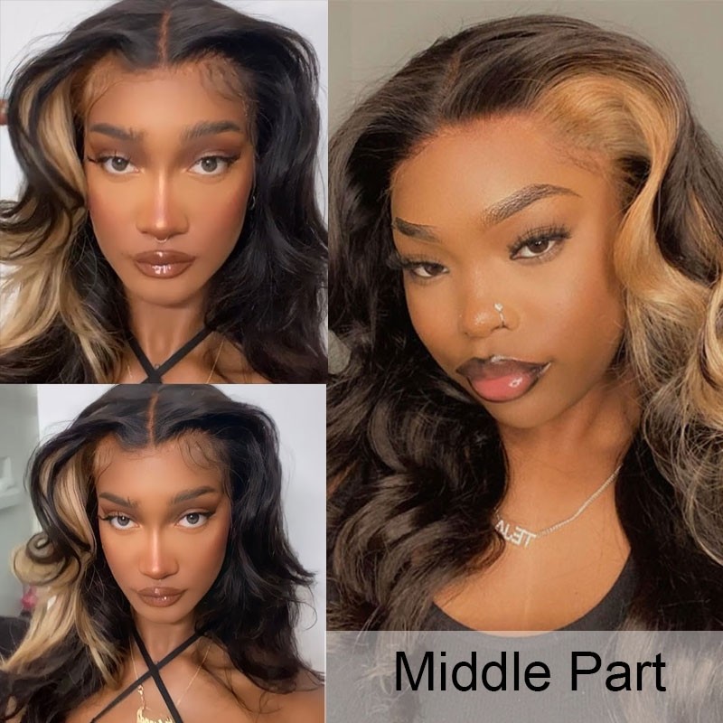 Nadula Honey Blonde Skunk Stripe Bob Lace Front Wigs Pre Plucked Black Straight Human Hair Wigs With Highlights