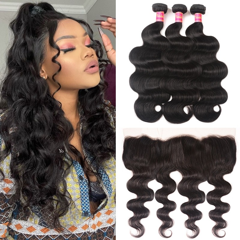 brazilian virgin hair body wave 3 bundles with lace frontal 13x4