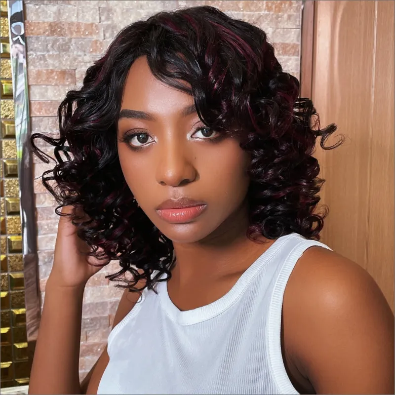 

Nadula Bouncy Rose Curly Short Bob Wig Glueless Dark 99J Burgundy Red Color Wig With Bangs