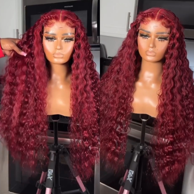 

Nadula 13X4 Burgundy Deep Wave Lace Frontal Wig Affordable 99J Colored Lace Front Human Hair Wigs for Women