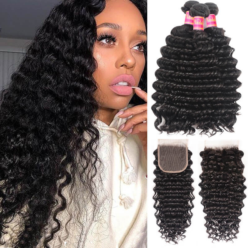 

Nadula Brazilian Hair Deep Wave Virgin Hair 3 Bundles With 4 By 4 inch Lace Closure Bouncy Human Hair