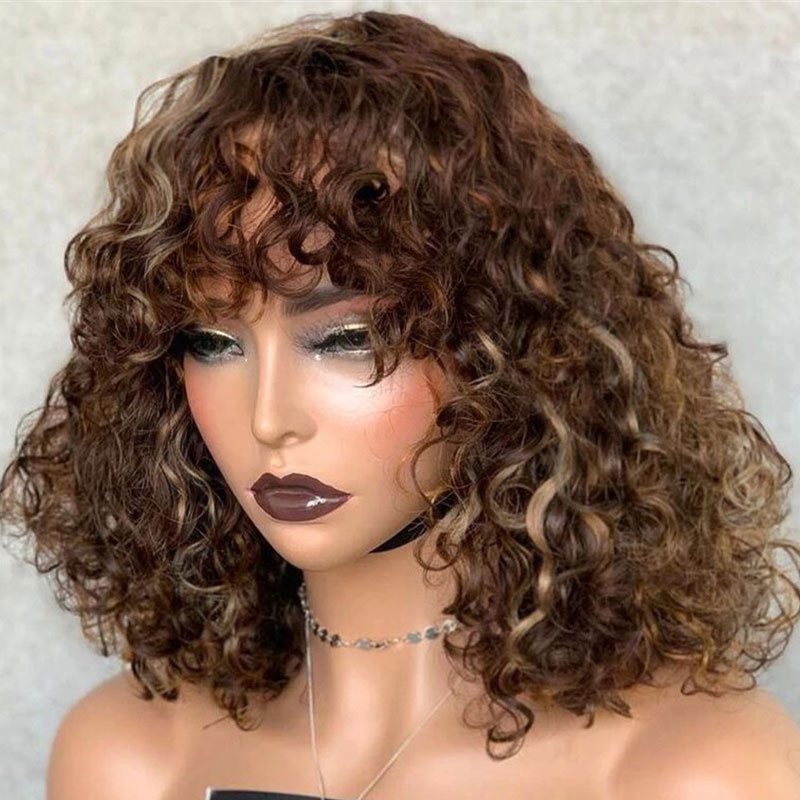 

Nadula Brown Balayage Bouncy Curl Human Hair Wig With Bangs Glueless Pre Highlighted Wig Short Bob For Sale