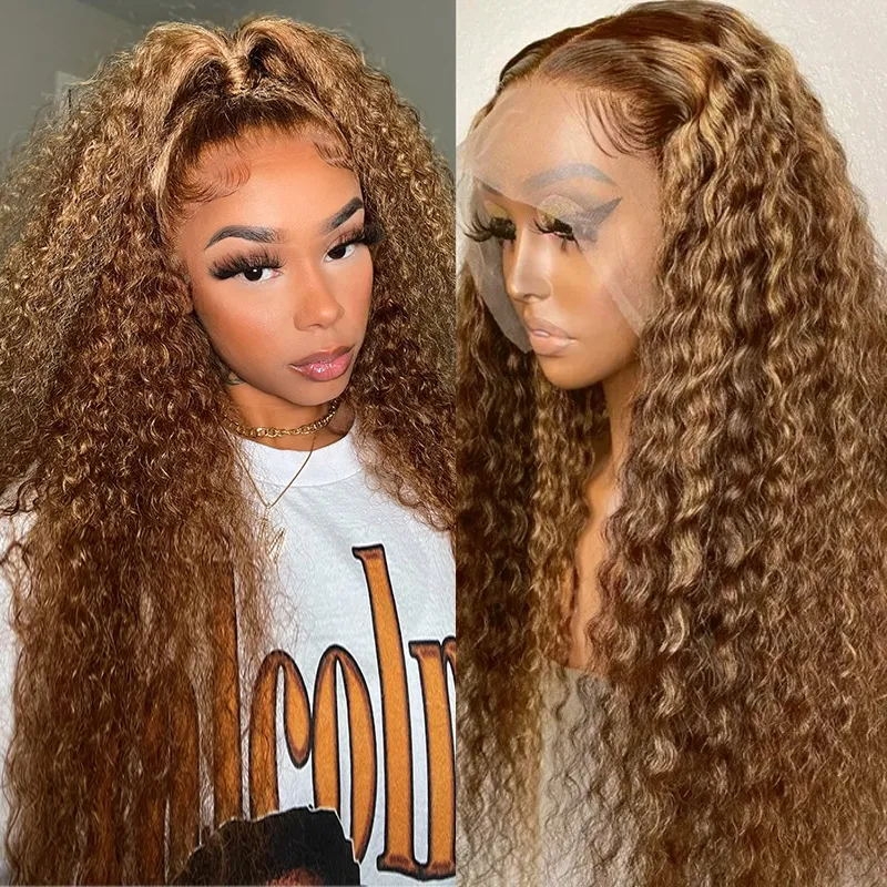 

Nadula Highlight Brown Curly Lace Front Wigs Honey Blonde Highlight Wigs Ombre Wig Human Hair 150% Density TL412 Color