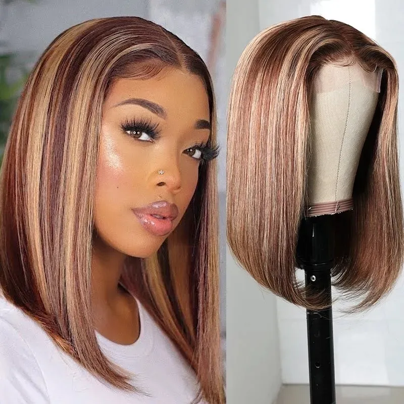 

Nadula Highlight Straight Bob Wigs With Natural Hairline 4x0.75 Inch T Part Lace Middle Part Wigs Brown Color Wigs Human Hair