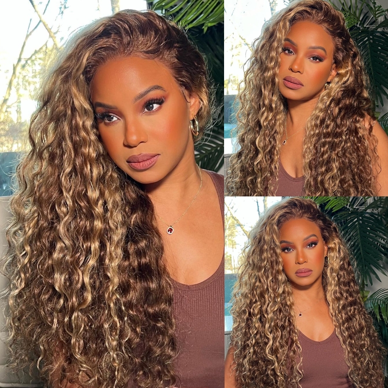 

Nadula Honey Blonde Water Wave Highlight Wig 13x4 Lace Front Human Hair Wigs Pre Plucked Piano Brown Color Lace Frontal Wig
