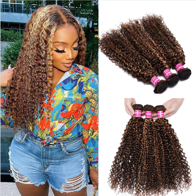 

Nadula Hair Honey Blond Highlight Curly 3 Bundles Human Hair Weave Curly Hair Extension