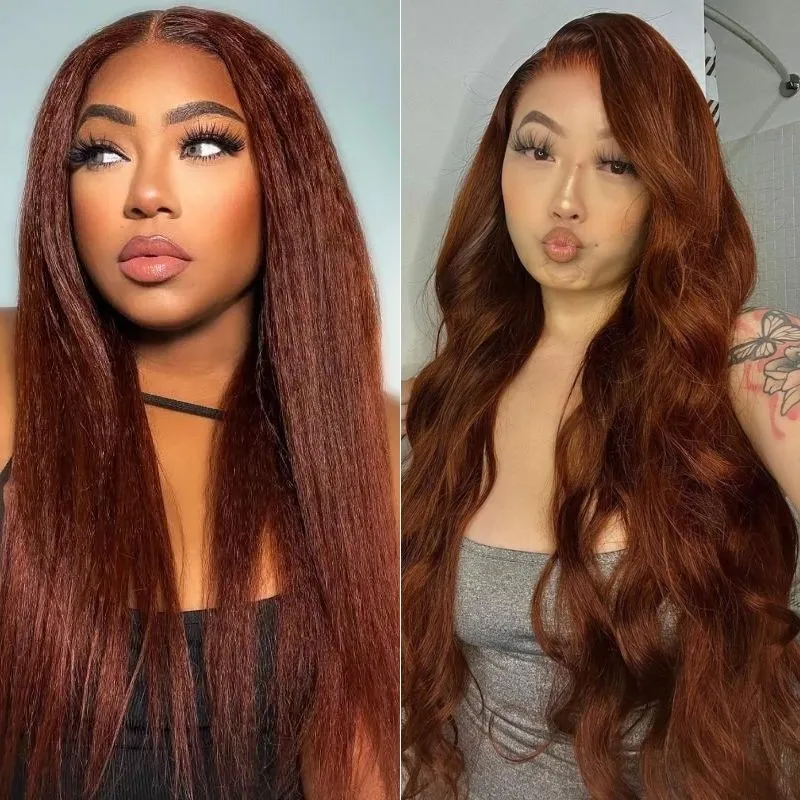 

Nadula Whatsapp Flash Deal 13x4 Lace Front Kinky Straight #33B Red Brown Color Wig With Super Natural Hairline