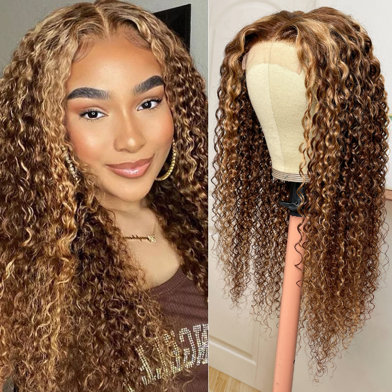 Nadula Whatsapp Flash Deal Highlight Brown Jerry Curly Lace Closure Wig TL412 Honey Blond Ombre Color 150% Density 4x4 Lace Wig With Pre Plucked
