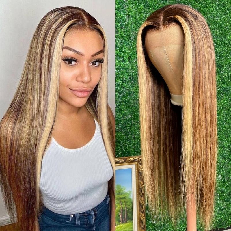 

Nadula 13*4 Lace Front Highlight Wig Silk Straight Honey Blond and Brown Human Hair Wig Pre-Plucked With Baby Hair 150% Density