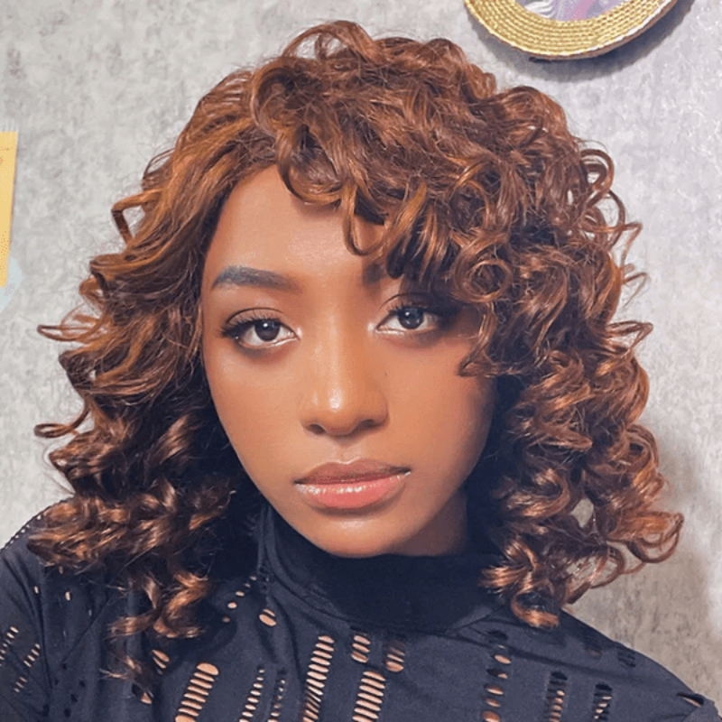 

Nadula Loose Curly Bob Wig Short Honey Blonde Highlight Wig Human Hair Bouncy Curl Glueless Wig With Bangs