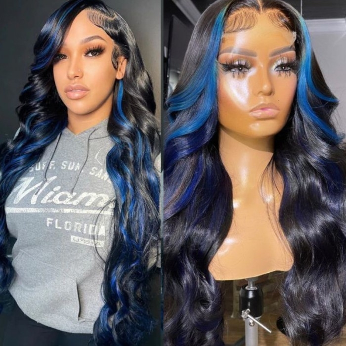 

Nadula 13x4 Blue Highlight Wig Pre-plucked Body Wave Lace Front Wig Colored Human Hair Wigs for Women