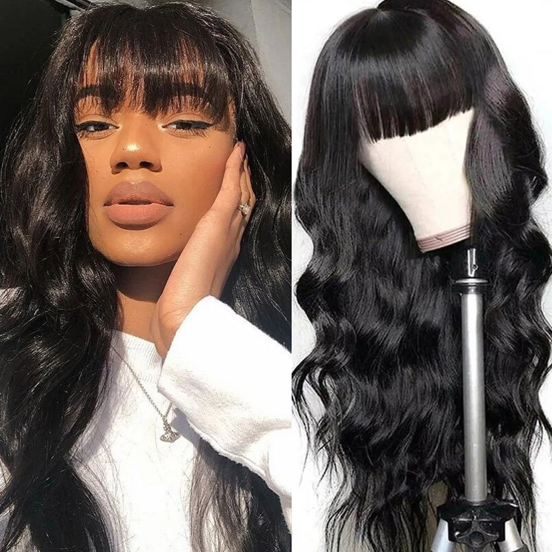 

Nadula Body Wave Human Hair Capless Wigs With Bangs 150% Density
