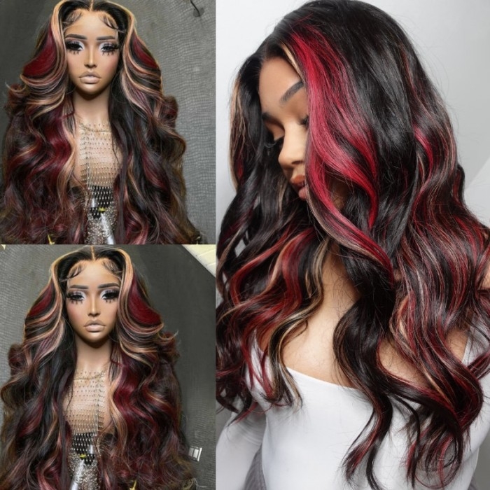 

Nadula Multi Color Highlights 13x4 Lace Front Blonde And Red Body Wave Wigs Human Hair