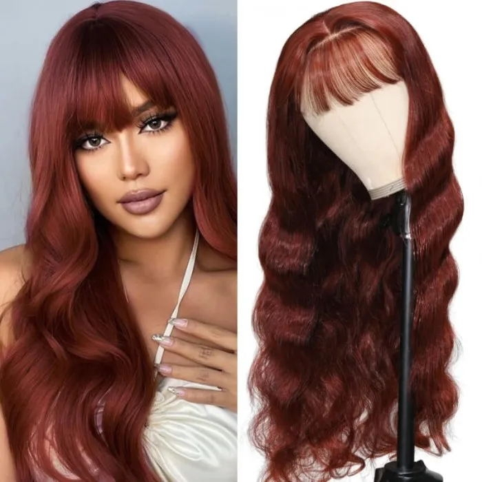 

Nadula Dark Auburn Reddish Brown Body Wave Human Hair Wigs With Bangs Perfect Lace Front Human Hair Wigs