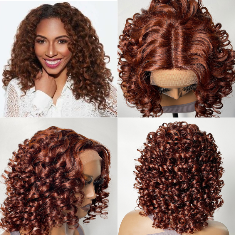 

Nadula Curly Wave 4*0.75 Lace Part Wig #33B Red Brown Dark Auburn Color Human Hair Wig