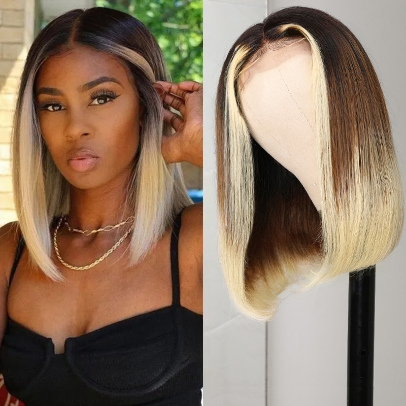 

Ombre Blonde Short Bob Wigs 613 Color Straight Bob Wigs With Dark Root T Part Colored Human Hair Bob Wigs Face Framing