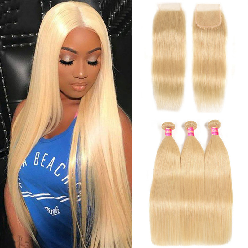 

Nadula 3PCS 613 Blonde Hair Bundles With 4*4 Lace Closure Straight Virgin Human Hair