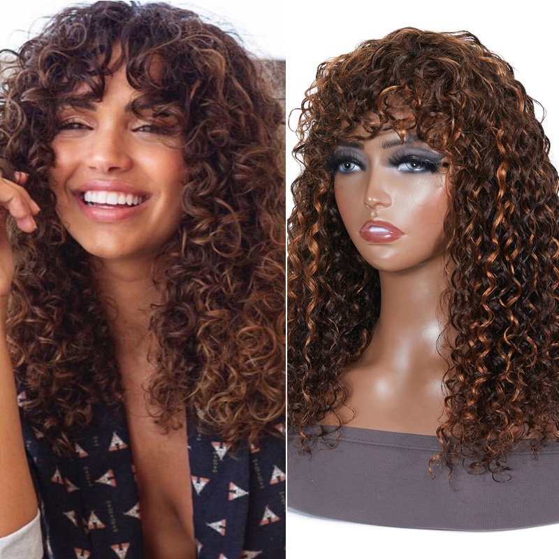 

Nadula #4/30 Mix Color Bob Wig Deep Wave Highlight Human Hair Wig With Bangs