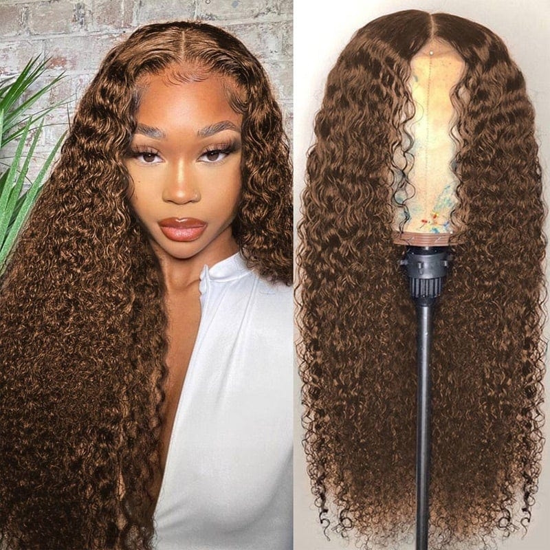 

Nadula 4# Brown Color Curly Wigs 13x5x0.5 Inch T Part Wig Brazilian Human Hair Wigs