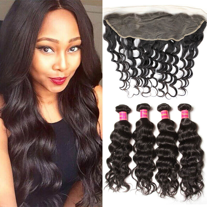 Nadula 4 Bundles Natural Wave Virgin Hair Weave And Frontal 13x4