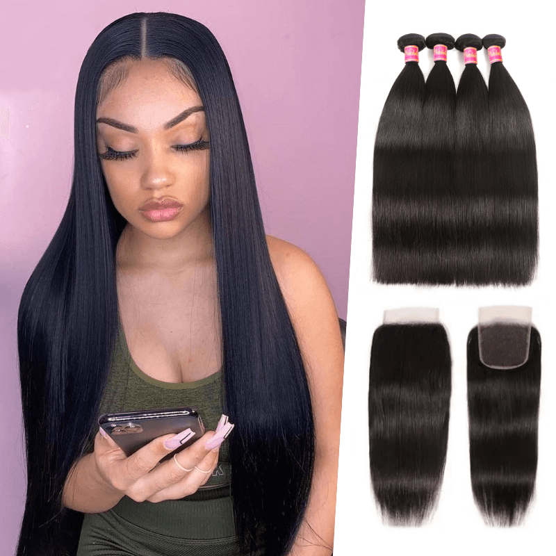 

Nadula 4 Bundles Virgin Straight Human Hair Weave With Lace Frontal Closure