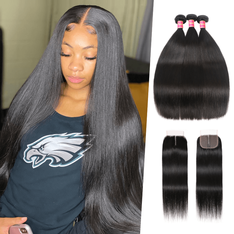 

Nadula 4*0.75 Inch Middle Part Straight Virgin Hair Closure with 3 Bundles Soft Unprocessed Human Hair Weave