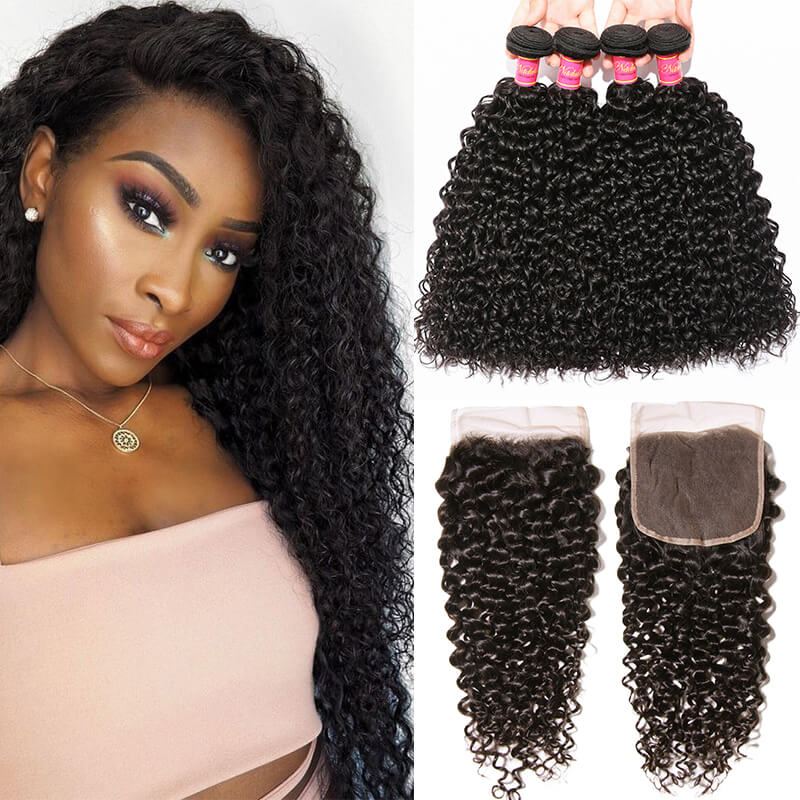 

Nadula 4pcs Hair Weave Curly Hair Bundles With Lace Closure Unprocessed Human Hair