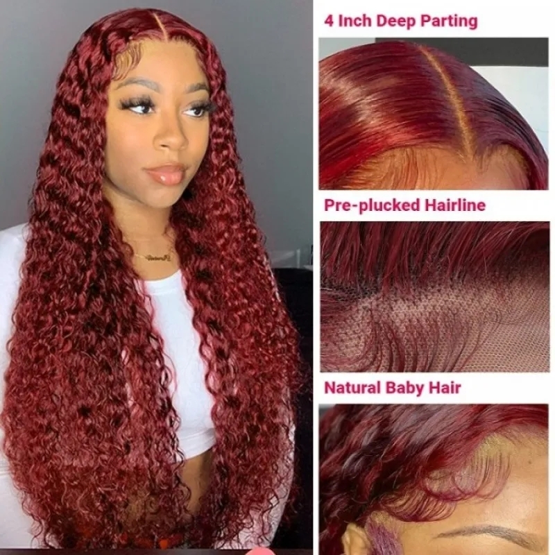 

Nadula 16 Inch 99J Colored Curly Human Hair Wig Pre Plucked 4x0.75 T Part Wig Burgundy Human Hair Lace Wigs For Women