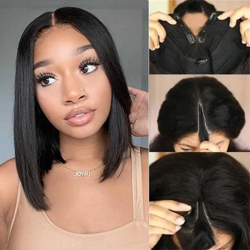 

Nadula 10 Inch V Part Short Bob Human Hair Wig 5 Inch Deep Part Wear And Go Wig Glueless Straight Bob Wig 150% Density