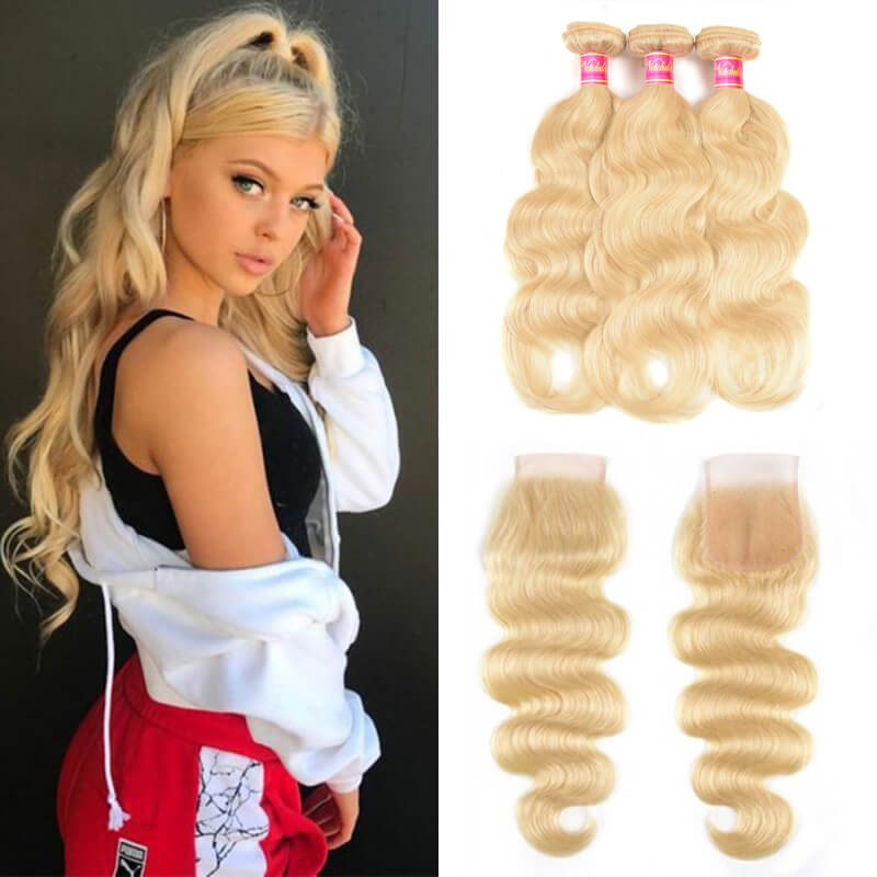 

Nadula Best Virgin Human Hair 3PCS 613 Blonde Virgin Human Hair Bundles With Lace Closure Body Wave Hair