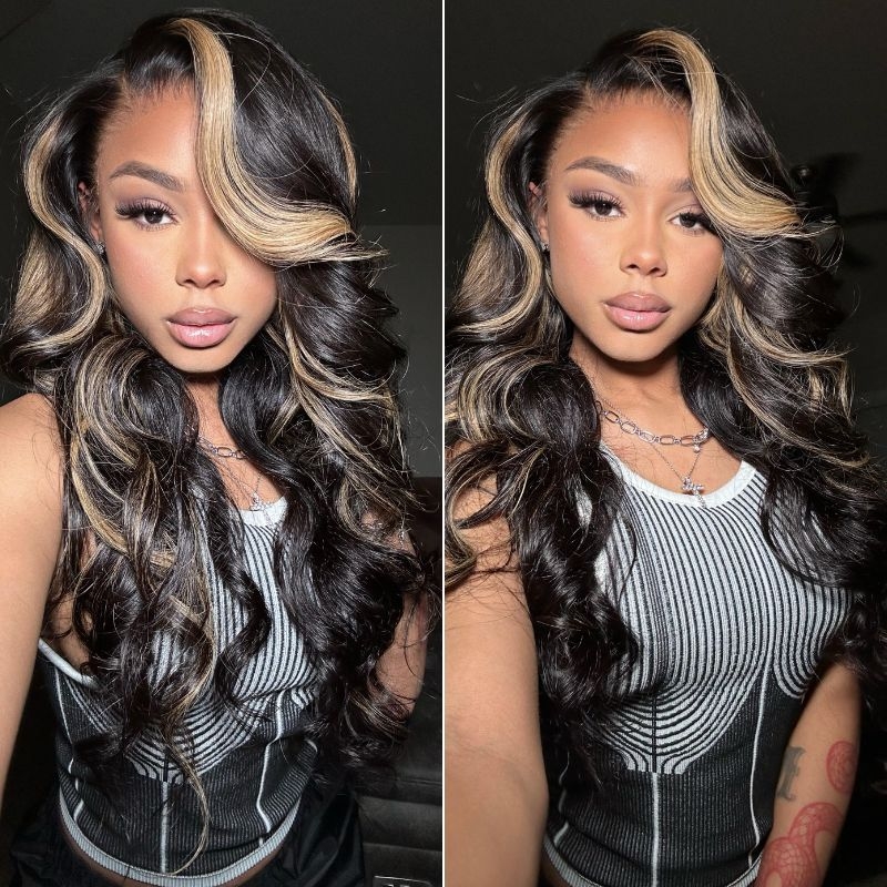 

Nadula Body Wave Black Wigs With Balayage Brown Highlights Lace Front Wigs