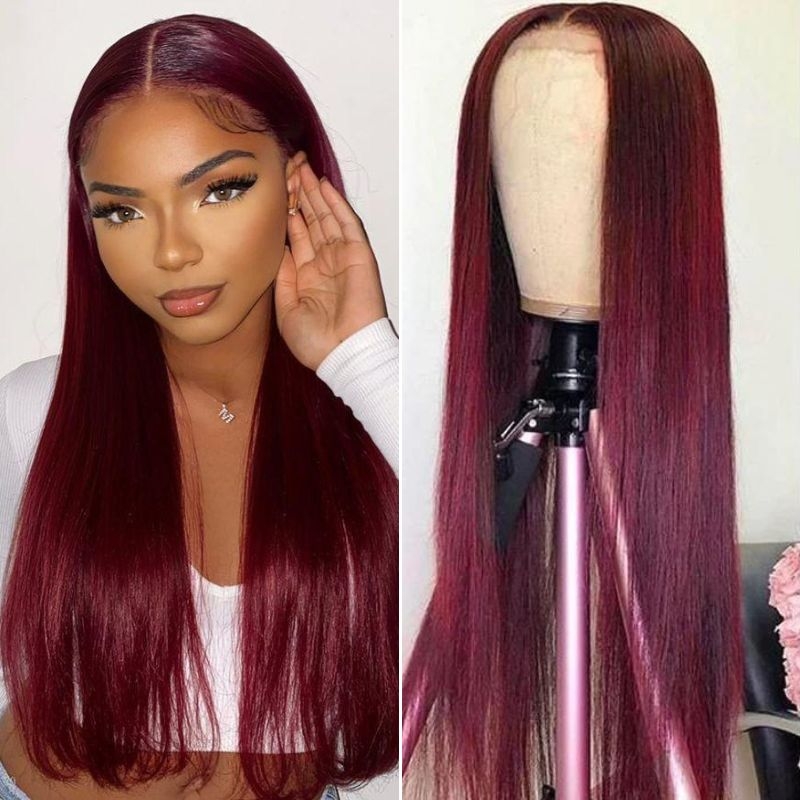 

Nadula 99J Burgundy Straight Wigs 4*0.75 Inch T Part Hand-Tied La