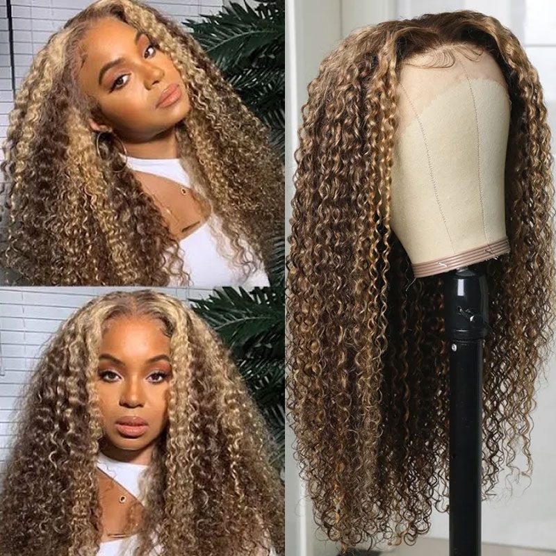 

Nadula TL412 Color Highlight Brown Curly Lace Front Wigs Glueless Honey Blonde Highlight Wigs Ombre Wig Human Hair 150% Density