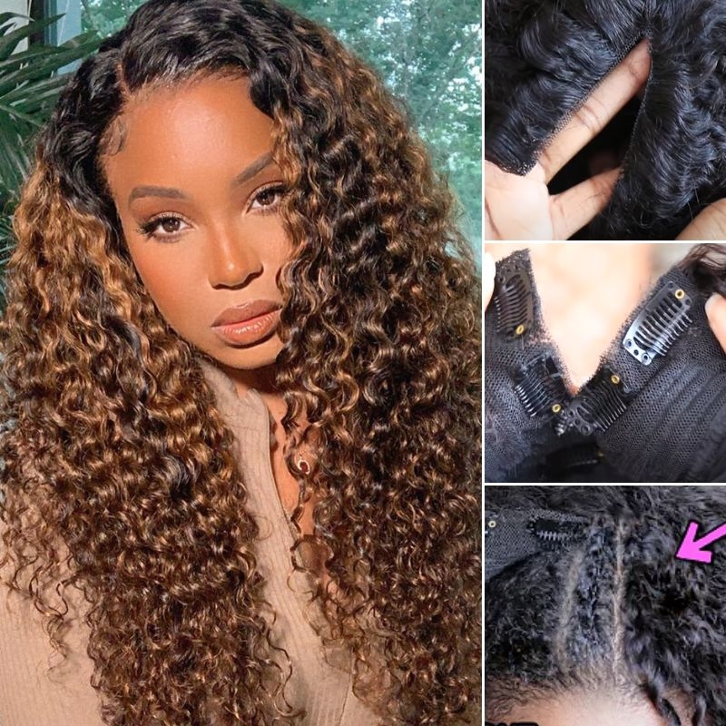 Nadula FB30# Balayage Highlight V Part Virgin Human Hair Curly Wig
