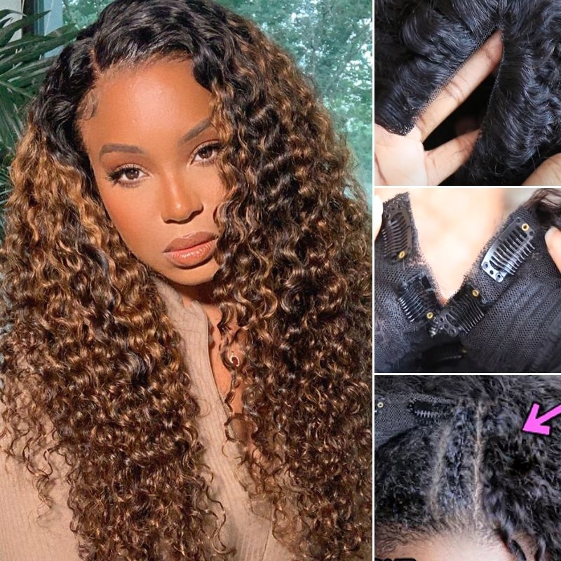 

Nadula FB30# Balayage Highlight V Part Virgin Human Hair Curly Wig