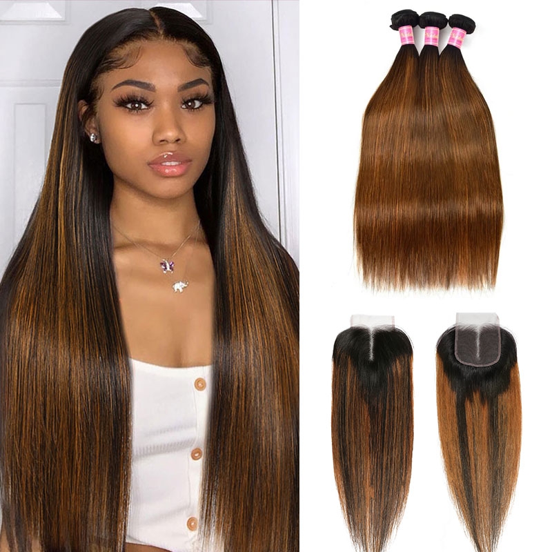 

Nadula 3 Bundles Brown Highlights Straight Human Hair With Lace Closure Ombre Human Hair Lace Closure With Highlights