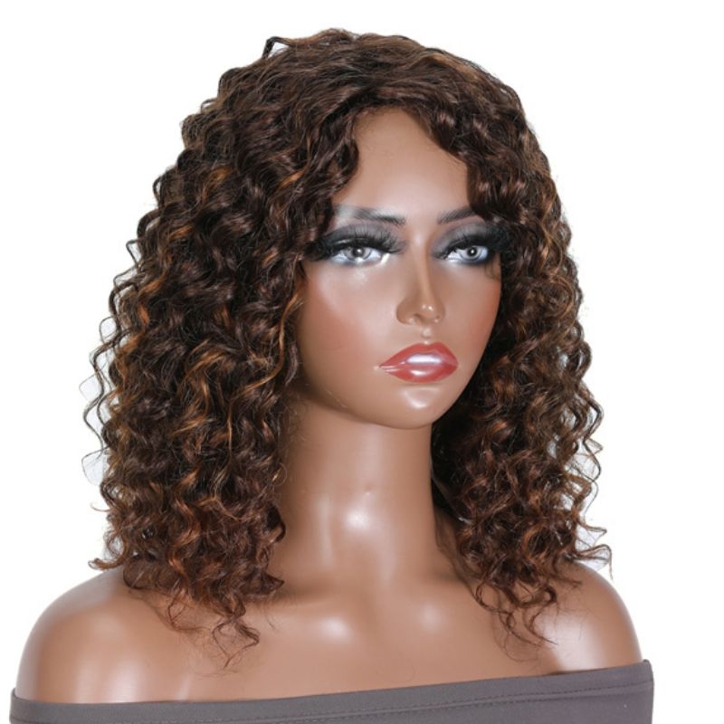 

Nadula Glueles Mix Color Brown Curly Bob Human Hair Wigs Honey Brown Auburn Color Highlights Natural Wave Wigs