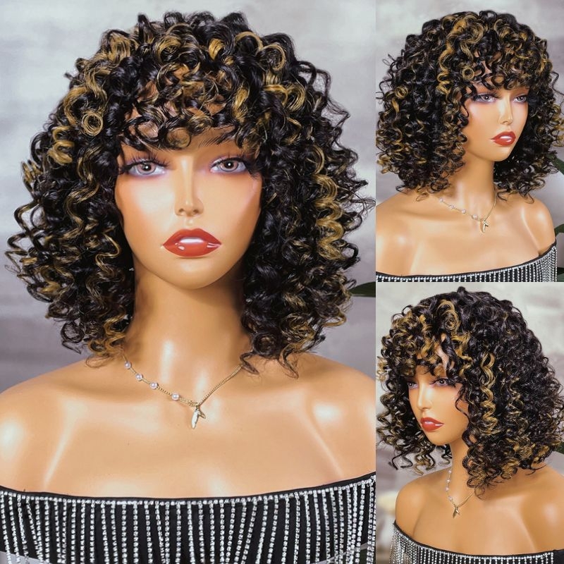 

Nadula Glueless Air Wig Short Curly Wig With Bangs Brown Mixed Blonde Highlight Afro Wig