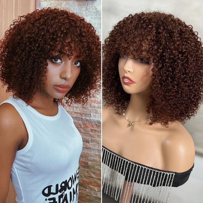 

Nadula Glueless Air Wig Reddish Brown Curly Bob Wig With Bangs Upgrade Rose Net Cap