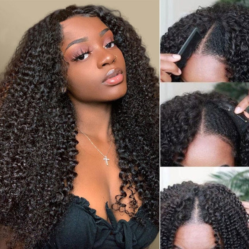 Nadula 18 Inch Glueless V Part Kinky Curly Wig Upgrade U Part Human Hair Coily Wig Beginner Friendly Wear and Go