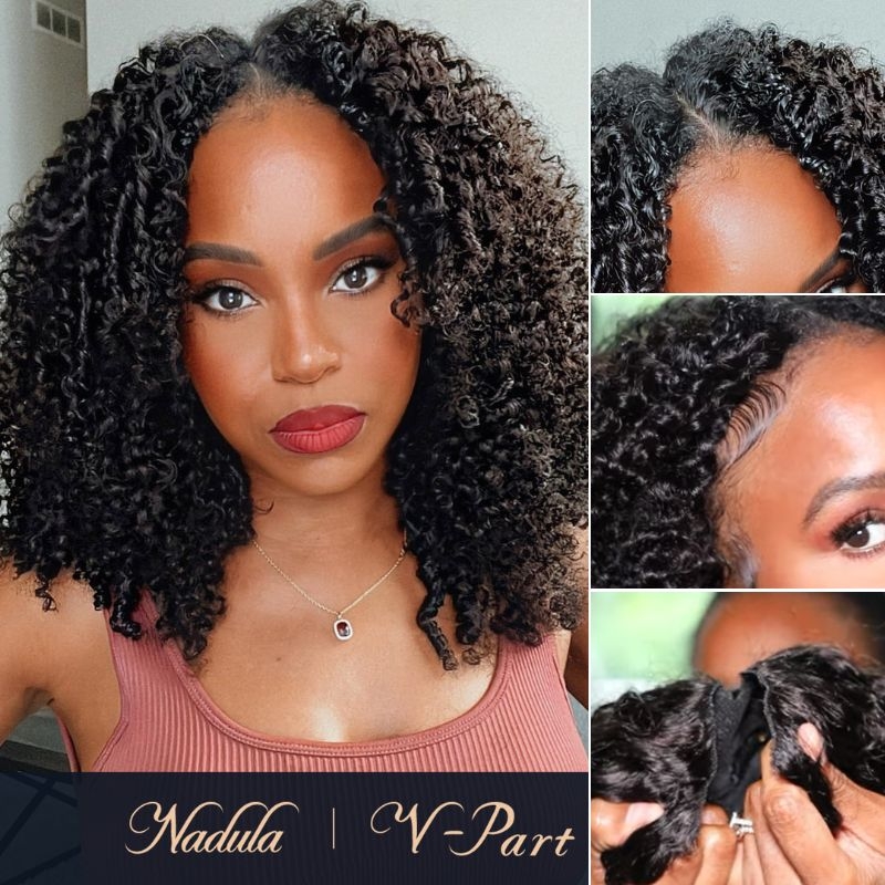Nadula Glueless V Part Kinky Curly Wig Upgrade U Part Human Hair Coily Wig Beginner Friendly Wear and Go
