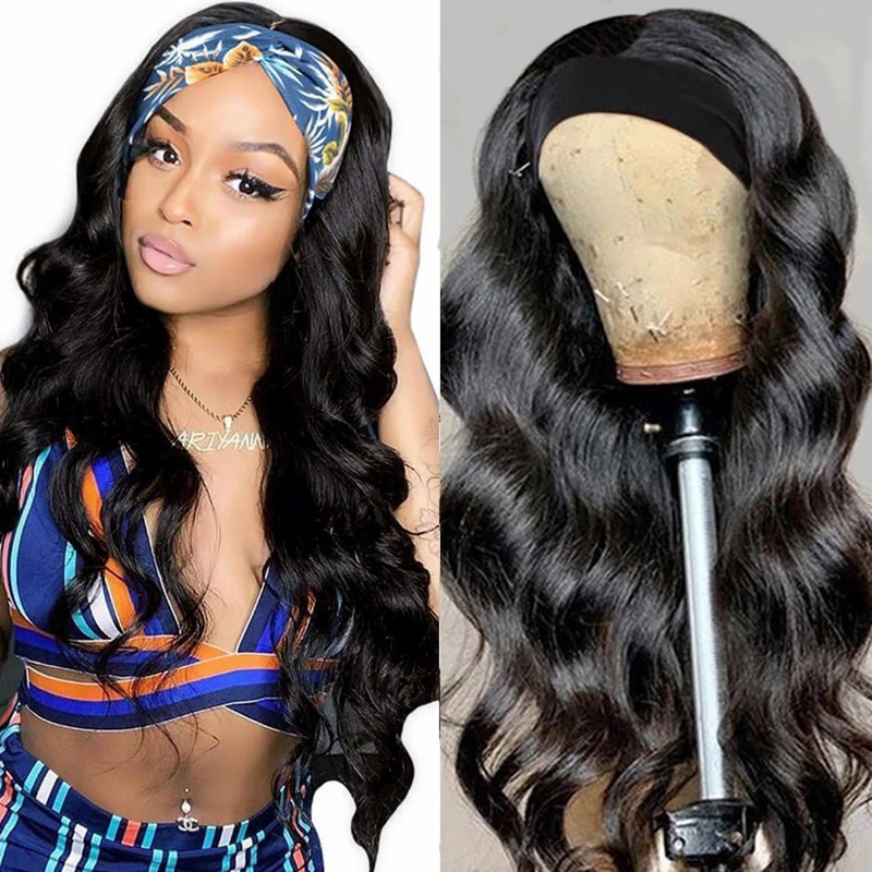 

Nadula Flashdeal 18 Inch Headband Wig Body Wave Wigs With Scarf Natural Black Glueless Human Hair No Sew In
