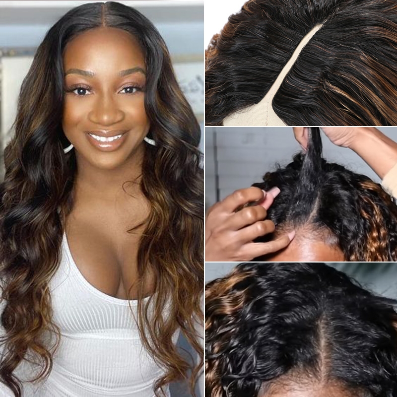 Nadula Highlight Balayage Body Wave Glueless V Part Wig 150% Density Quality Human Hair Lace Wig For Women