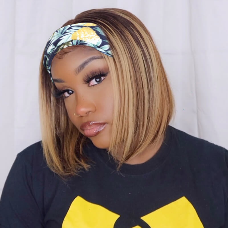 

Nadula Highlight Brown Color Bob Wigs With Dark Root 100% Human Hair Short Straight Headband Wigs Colored