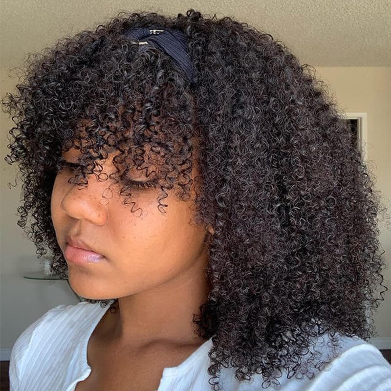 Nadula Human Hair Bob Headband Curly Wig With Removable Bangs 150% Density