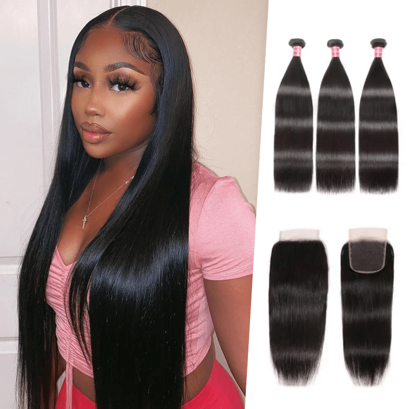 

Nadula Straight Virgin Hair Weave 3 Bundles With Lace Closure Soft Unprocessed Virgin Human Hair