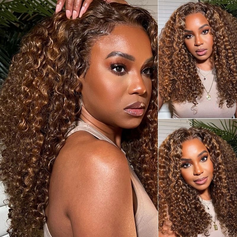 

Nadula T Part Honey Blonde Highlight Brown Curly Lace Wigs Pre Plucked Highlight Jerry Curly Human Hair Wig With Baby Hair