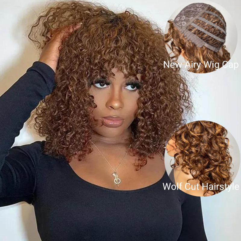 

Nadula Wolf Cut Curls Bob Wig Brown Highlight Color Wigs With Ban